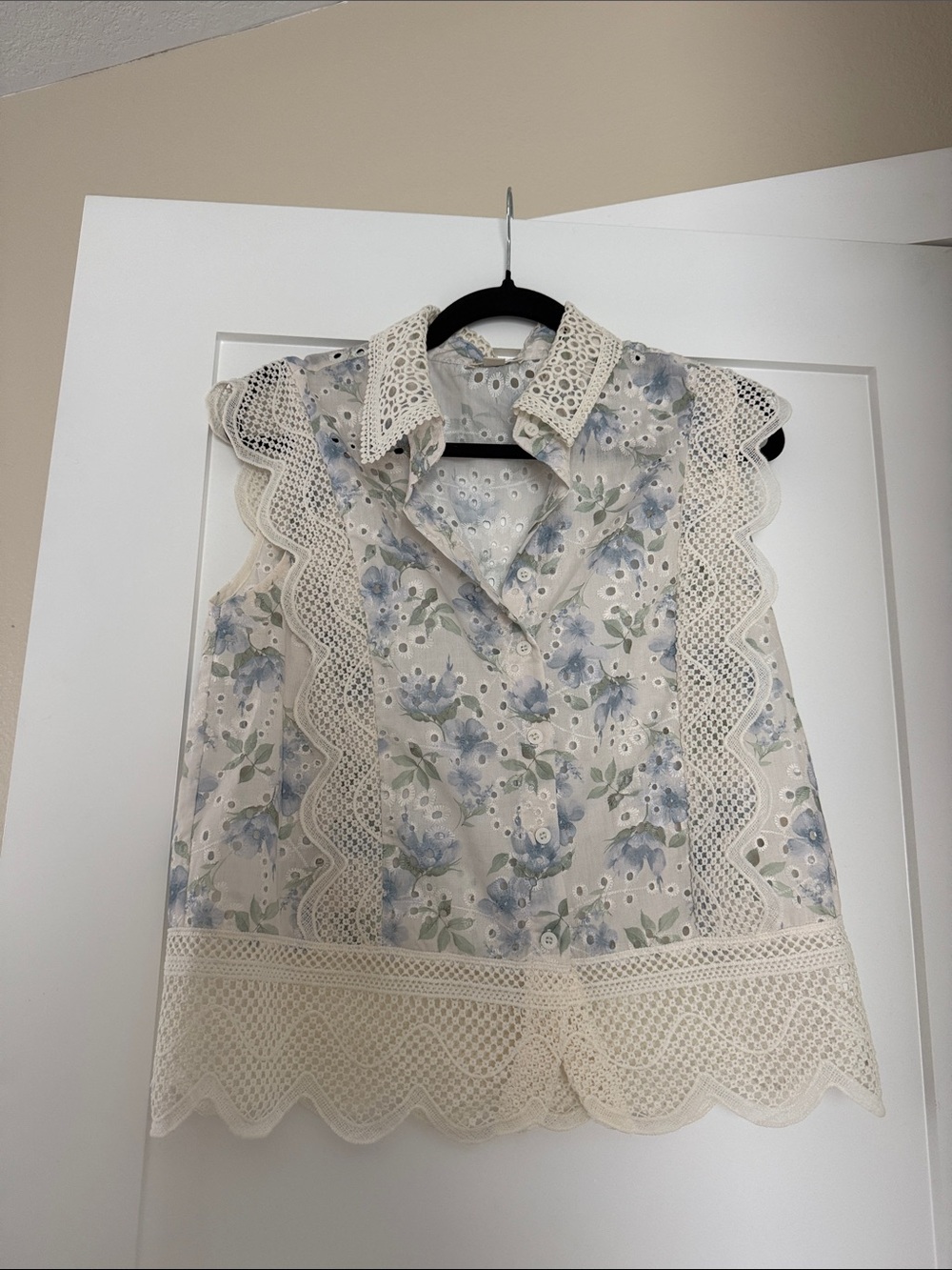 Ultra Pink Cream Eyelet Lace Blouse with Blue Floral Print